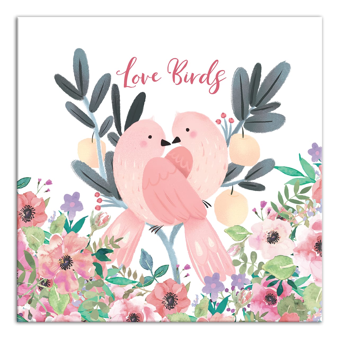 Two Love Birds And Flowers 12" x 12" Canvas Wall Art